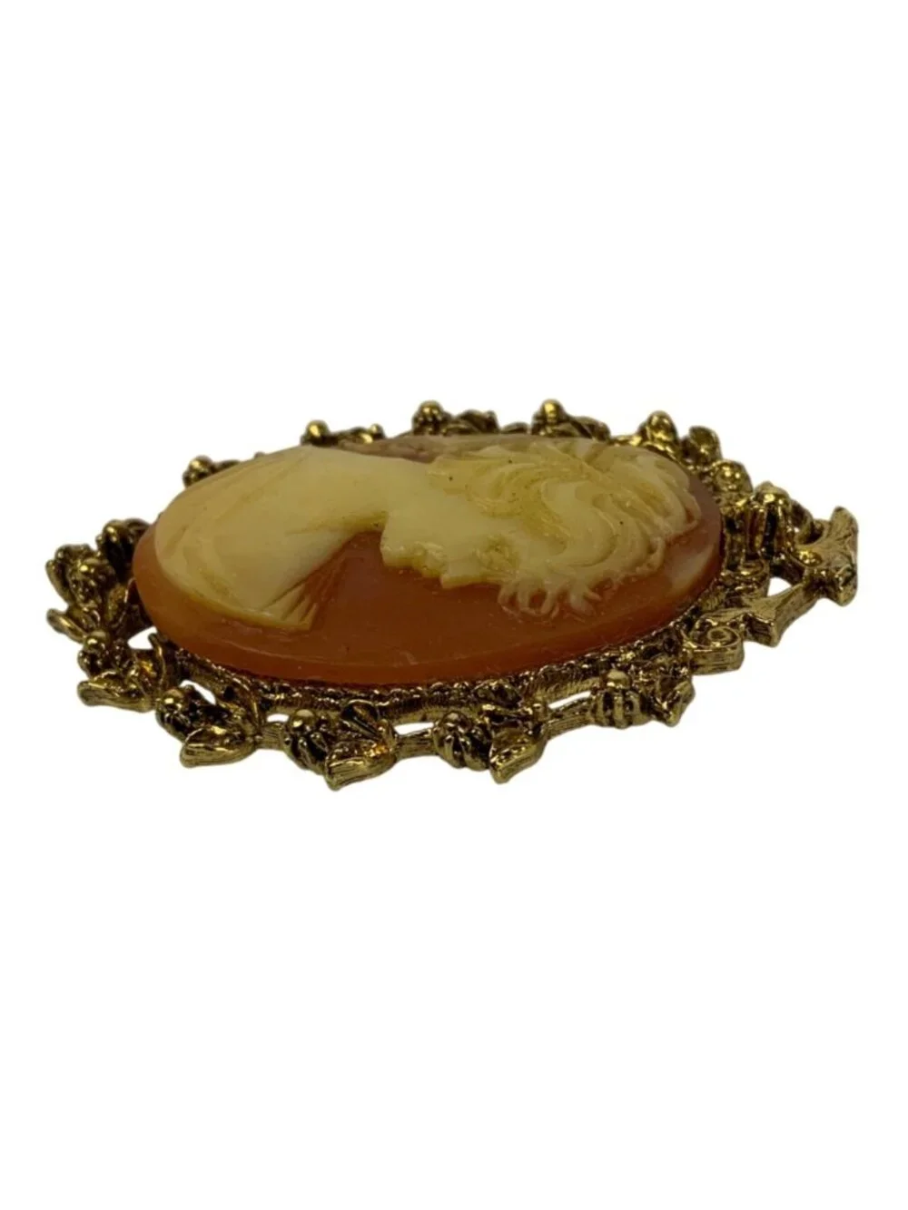 Vintage Victorian Revival Cameo Brooch Coral Cream Resin Gold Tone Floral Frame